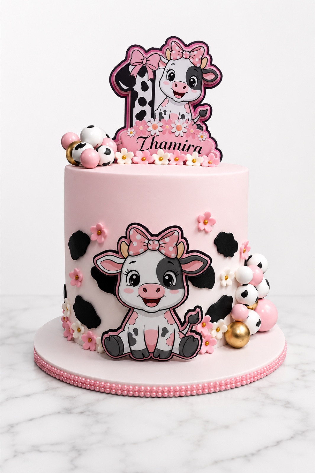 Pink first-birthday cake with a cow theme and the child's name