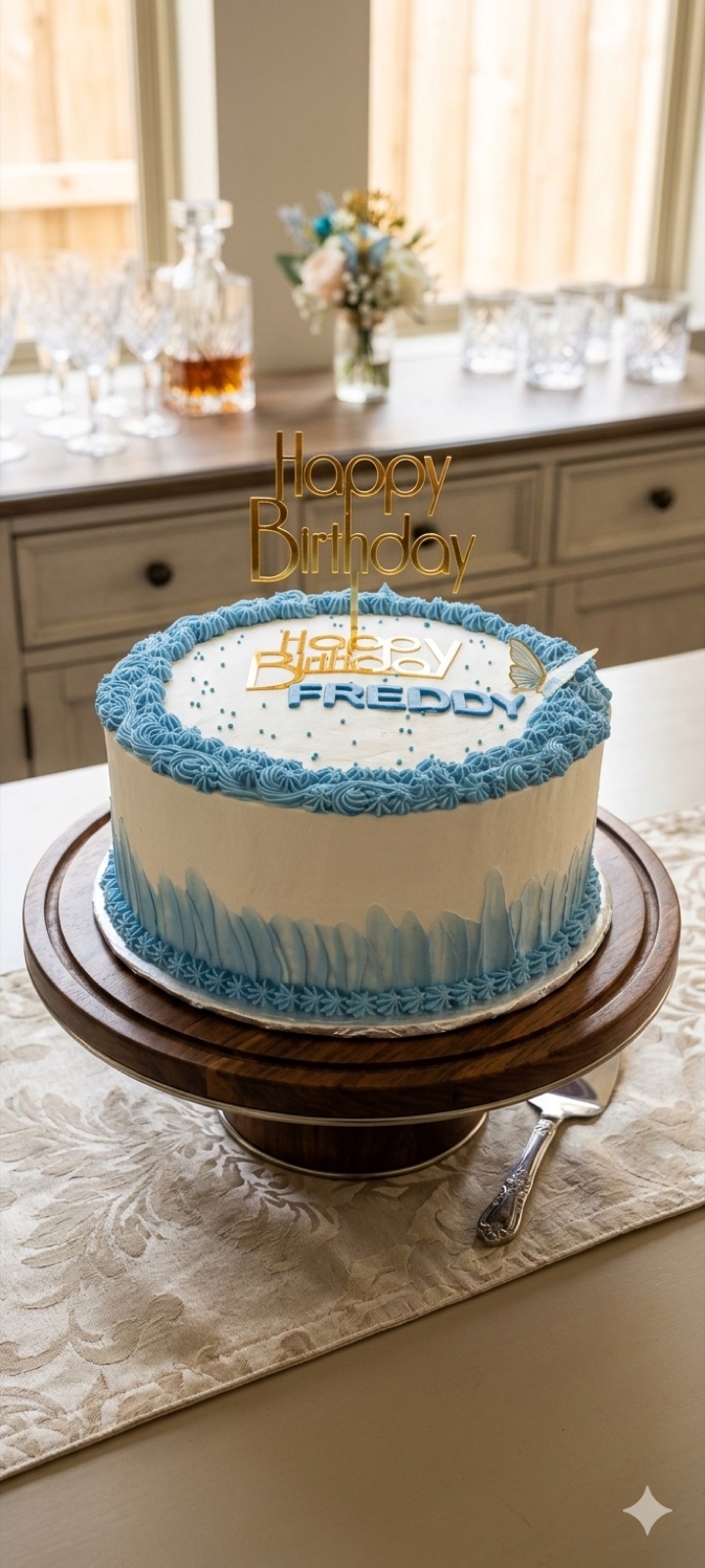 White and blue birthday cake with piped borders