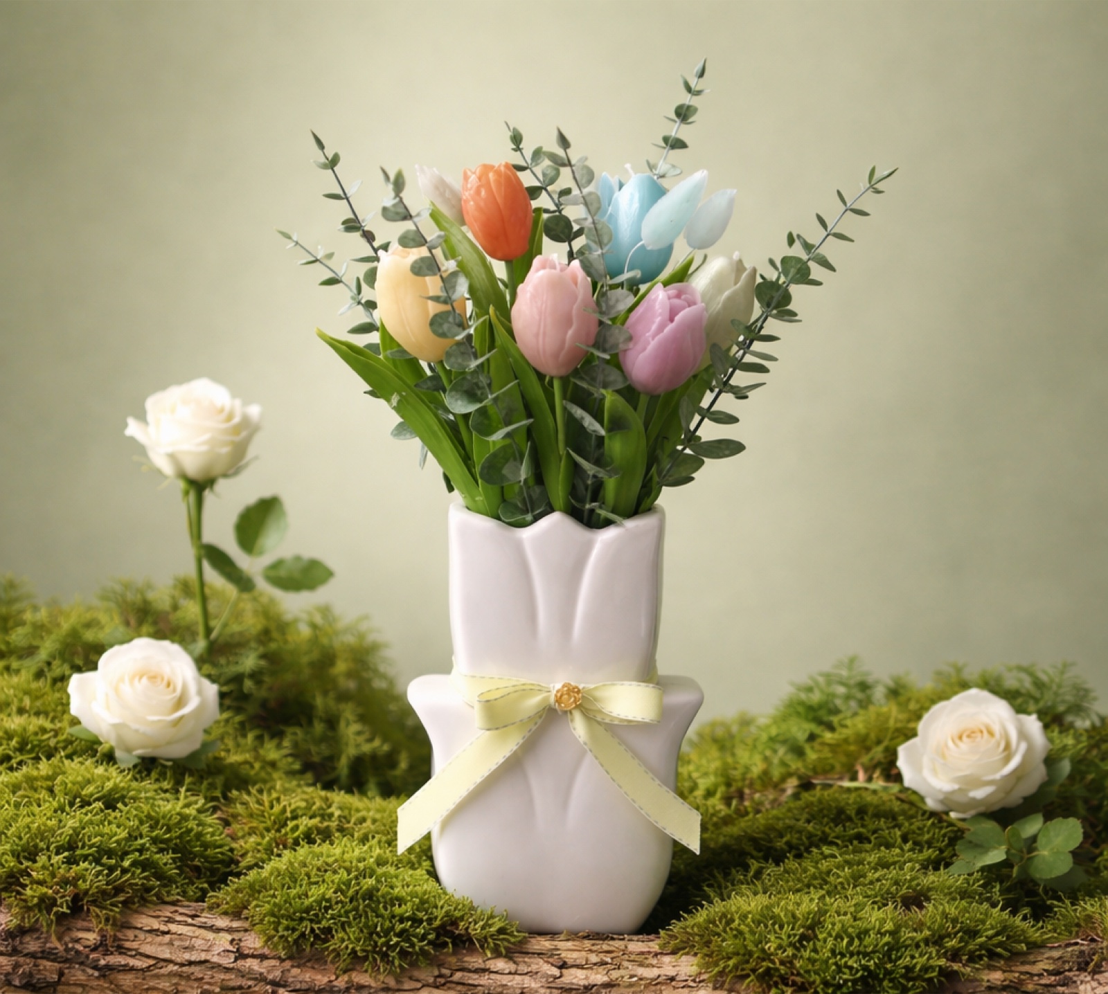Ceramic vase of handmade pastel tulips with a yellow ribbon