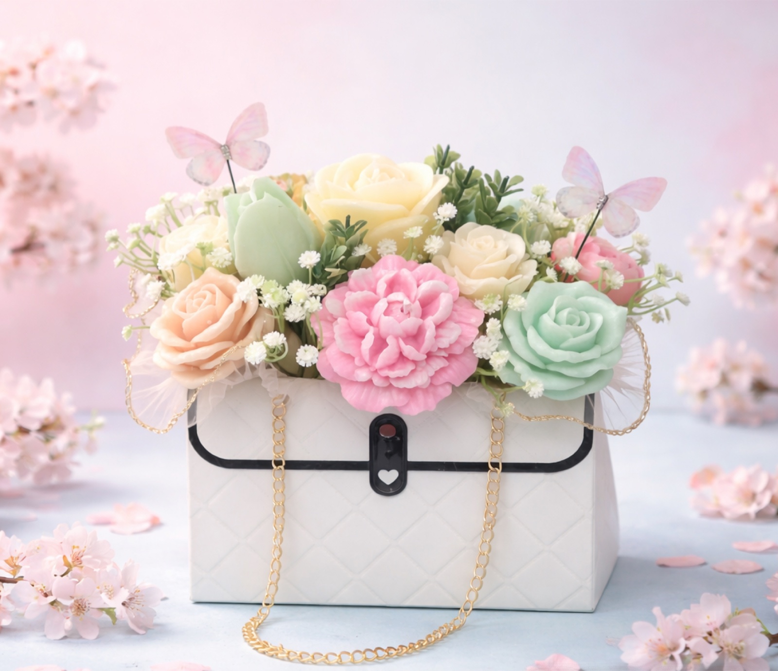 White handbag gift box filled with pastel soap flowers
