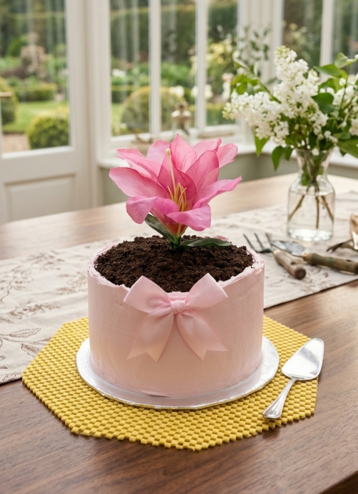 Pink flowerpot cake with a satin bow and a sugar lily